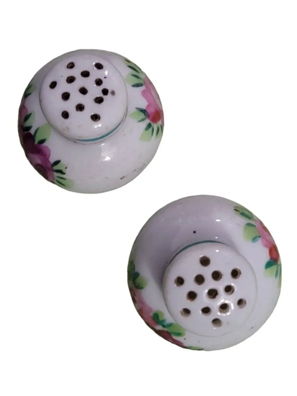 Porcelain Salt Pepper Shakers White Red Pink Roses Green Neck Banding Corks Vtg